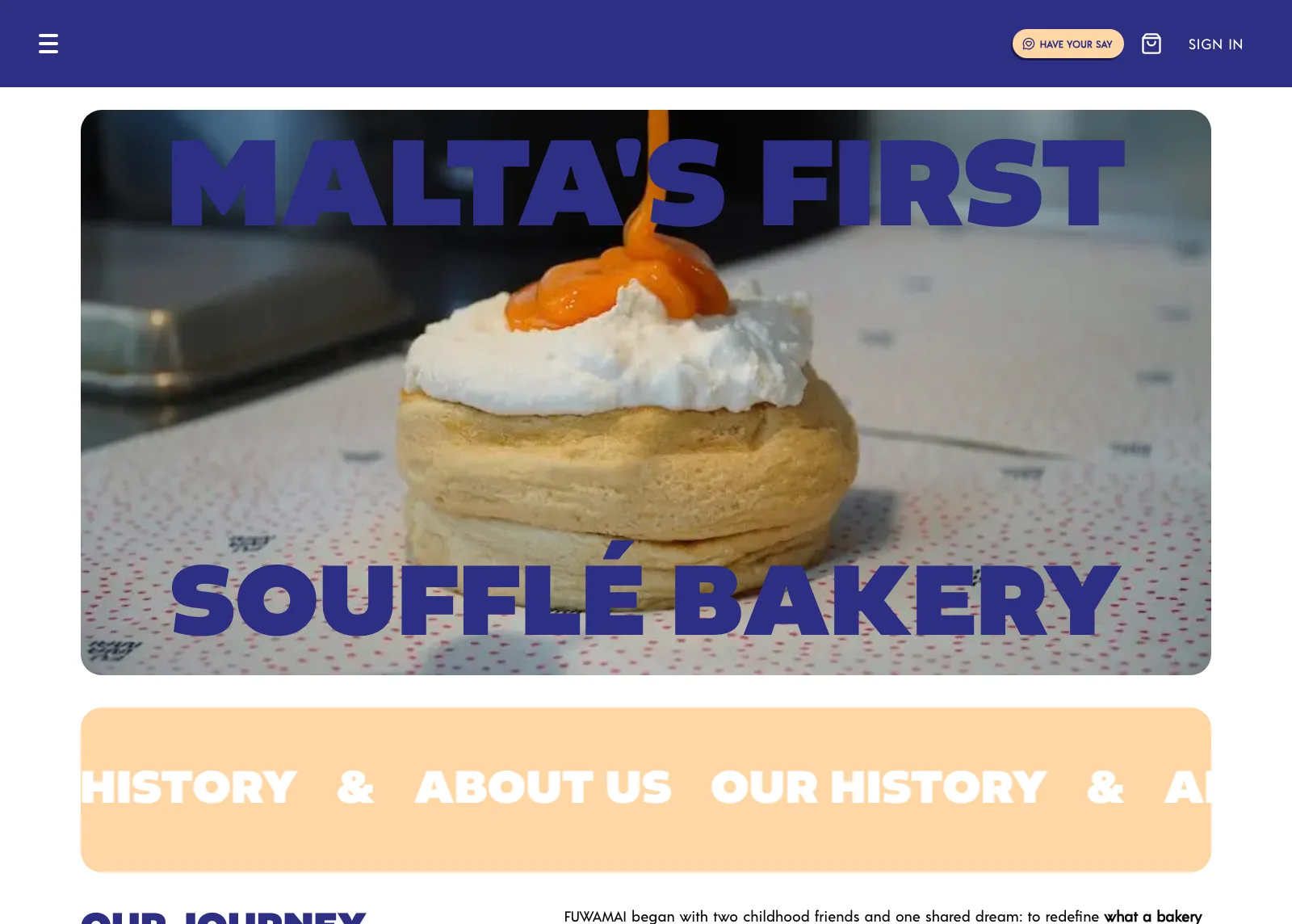 Screenshot of the Fuwamai about page, titled Malta's first soufflé bakery