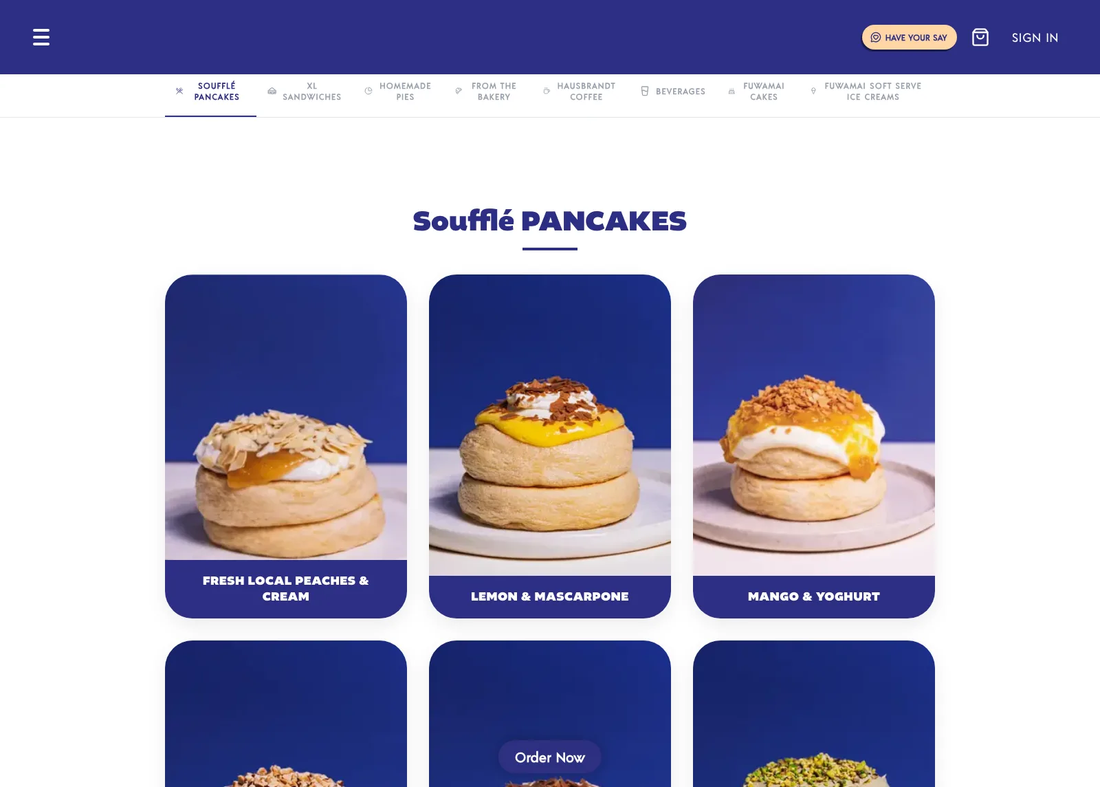 Screenshot of the Fuwamai menu page, showing the soufflé pancakes