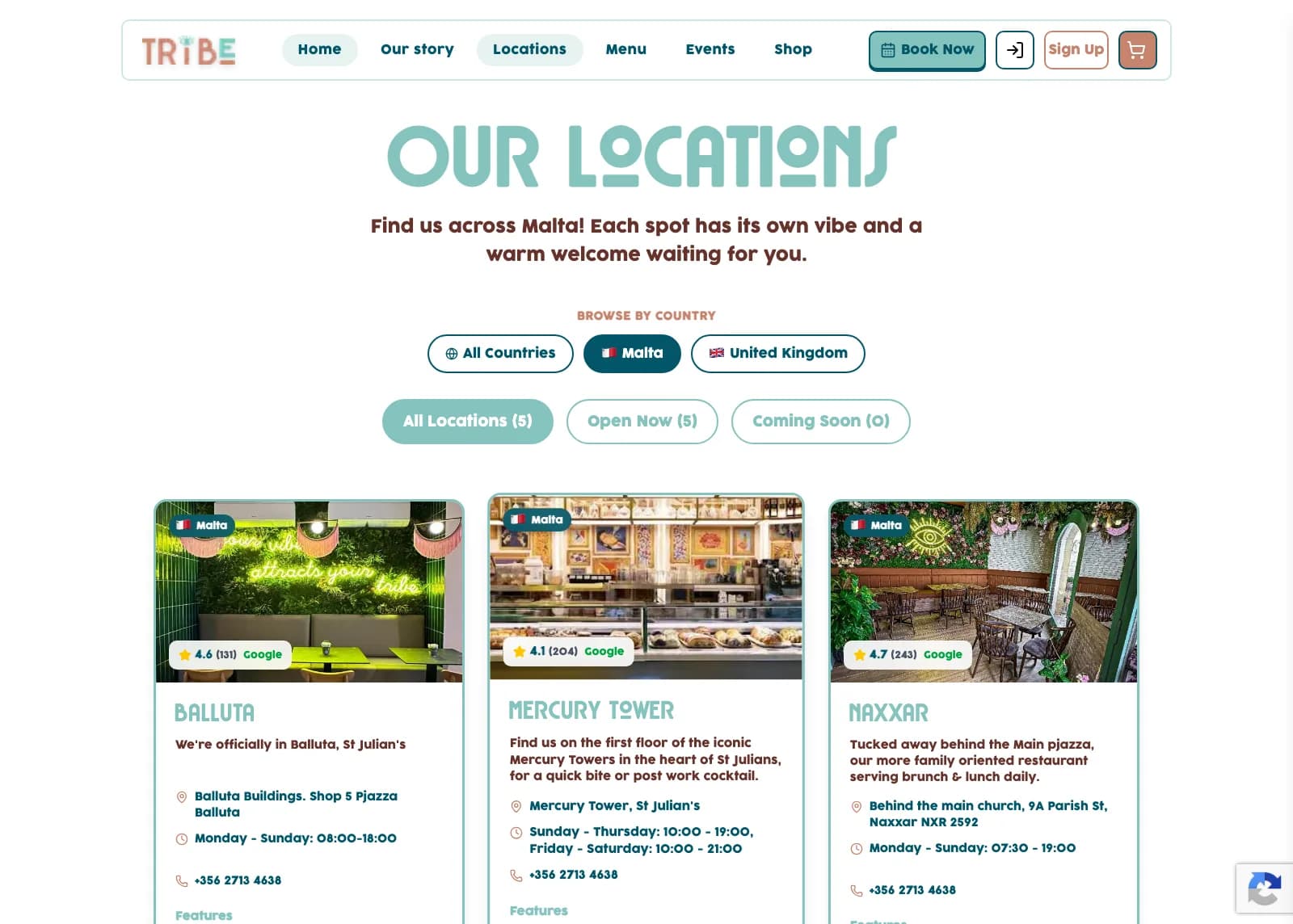 Screenshot of the TRiBE locations page, listing its restaurants in Malta