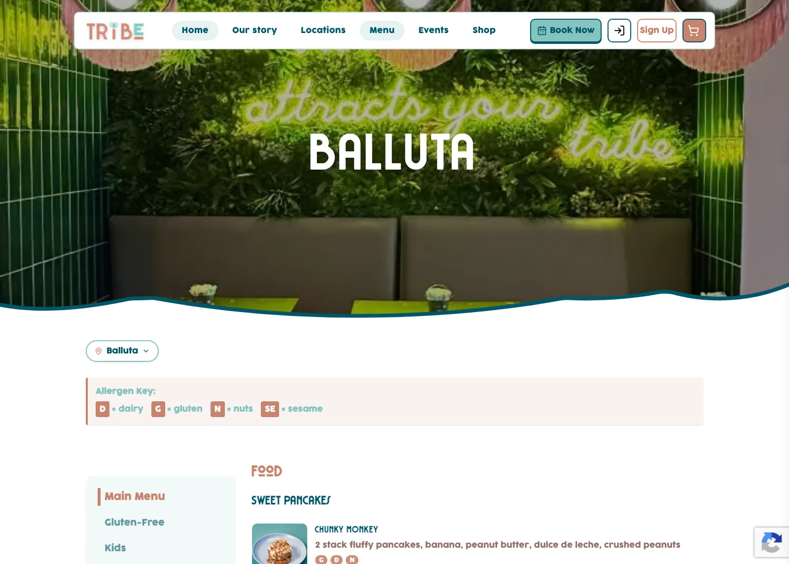 Screenshot of the TRiBE menu page for the Balluta location, with its allergen key